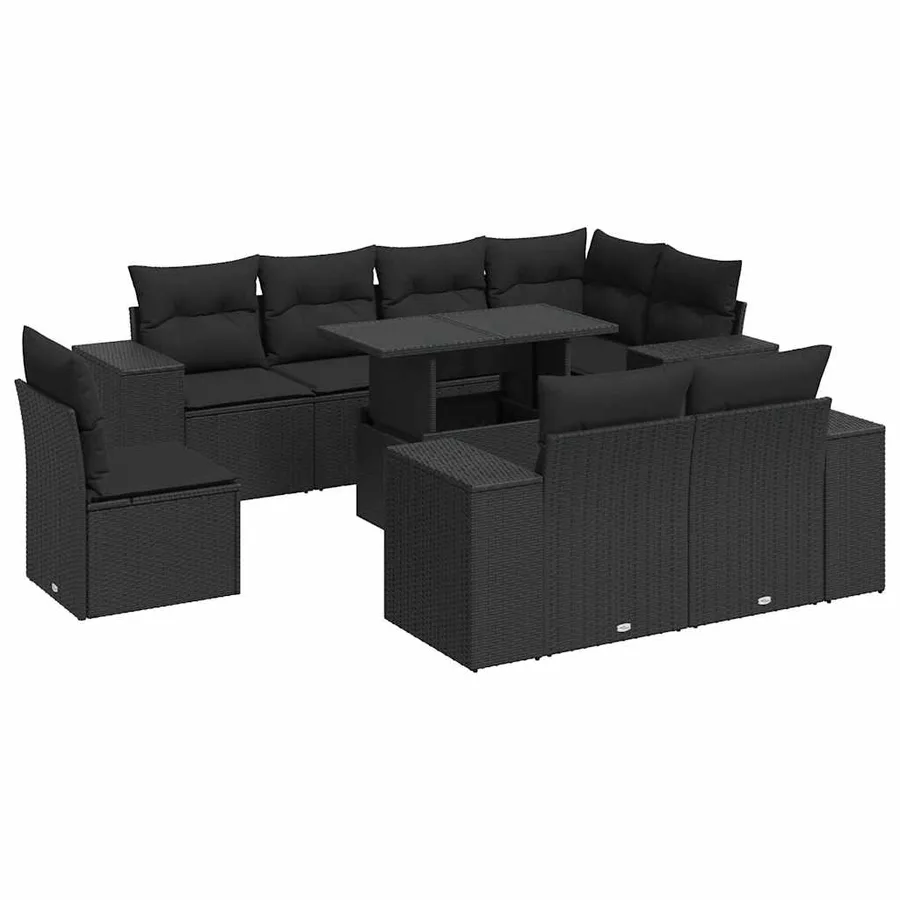 Salon de jardin 9 pcs avec coussins noir résine tressée - 2