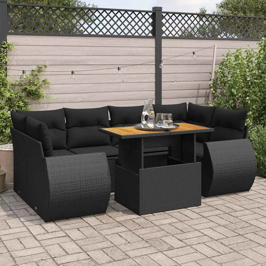 Salon de jardin 7 pcs avec coussins noir résine tressée 62 x 62 x 69 cm - 69,2 kg