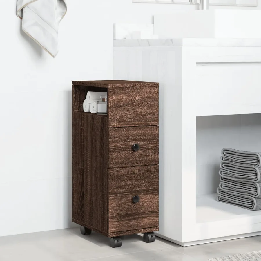Meuble étroit de salle de bain à roulettes chêne marron - 3