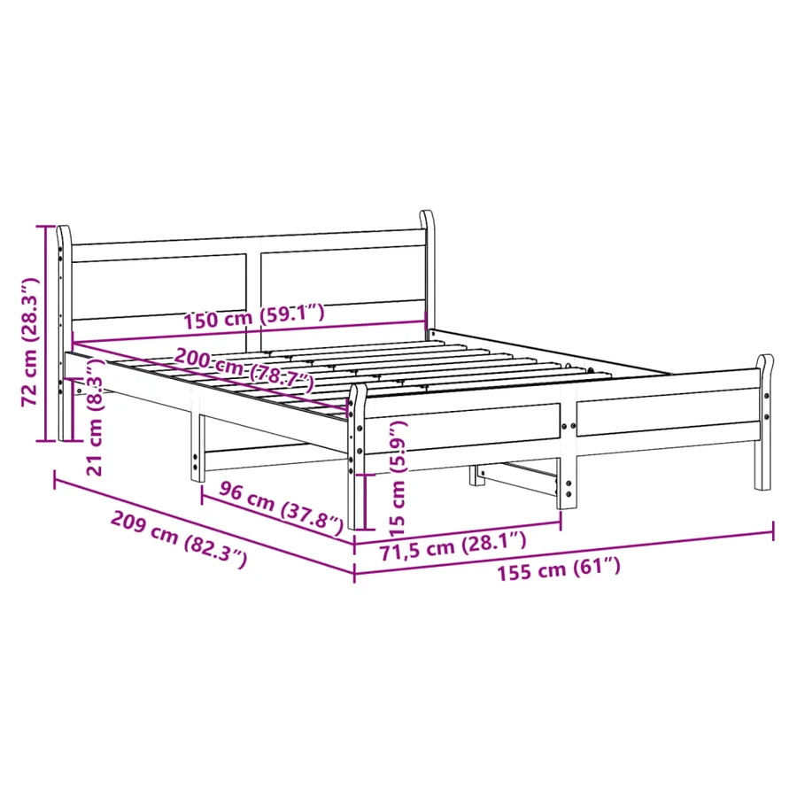 Cadre de lit sans matelas blanc 150x200 cm bois de pin massif - 9