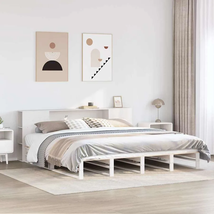 Lit bibliothèque sans matelas blanc 200x200 cm bois massif