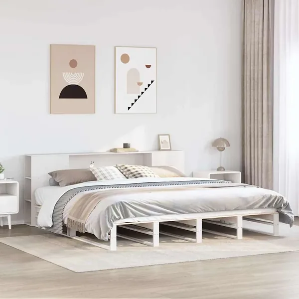 Lit bibliothèque sans matelas blanc 200x200 cm bois massif