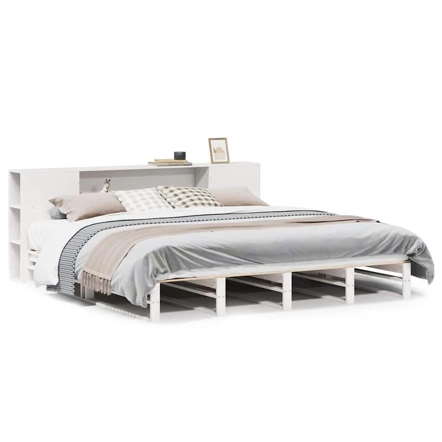 Lit bibliothèque sans matelas blanc 200x200 cm bois massif - 2