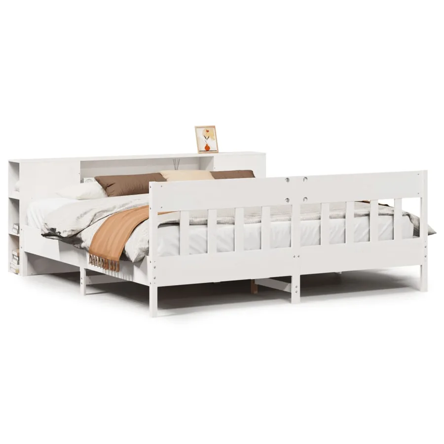 Lit bibliothèque sans matelas blanc 200x200 cm bois pin massif - 2
