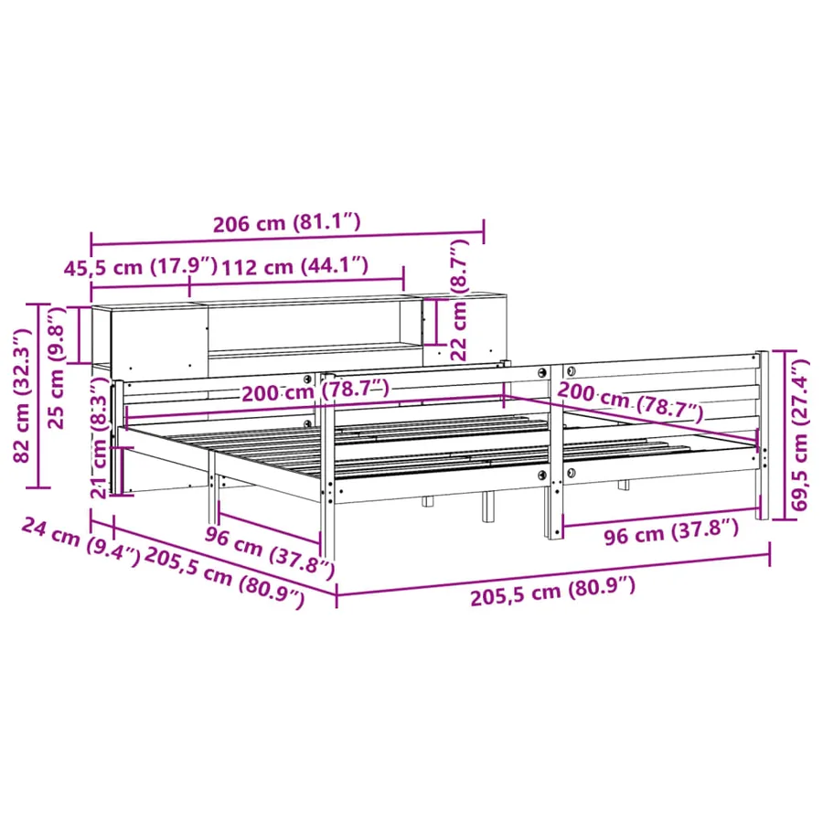 Lit bibliothèque sans matelas blanc 200x200 cm bois pin massif - 11