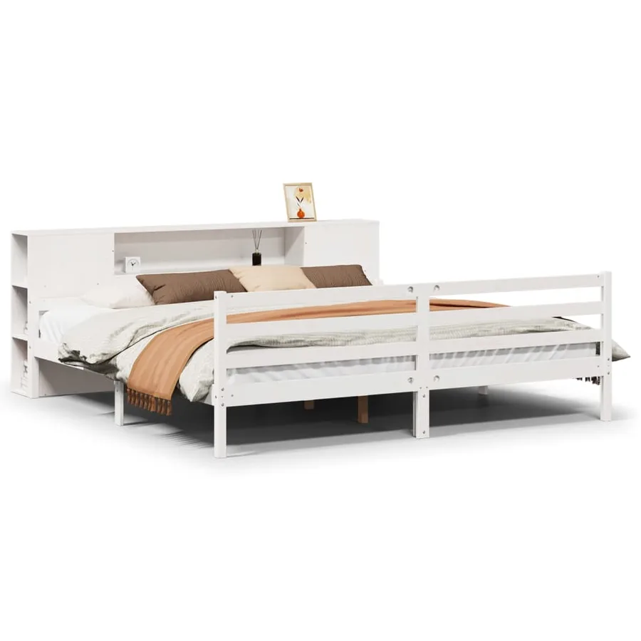 Lit bibliothèque sans matelas blanc 200x200 cm bois pin massif - 2