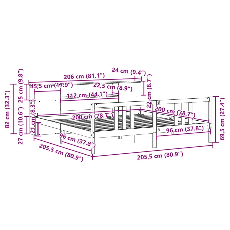 Lit bibliothèque sans matelas blanc 200x200 cm bois pin massif - 11