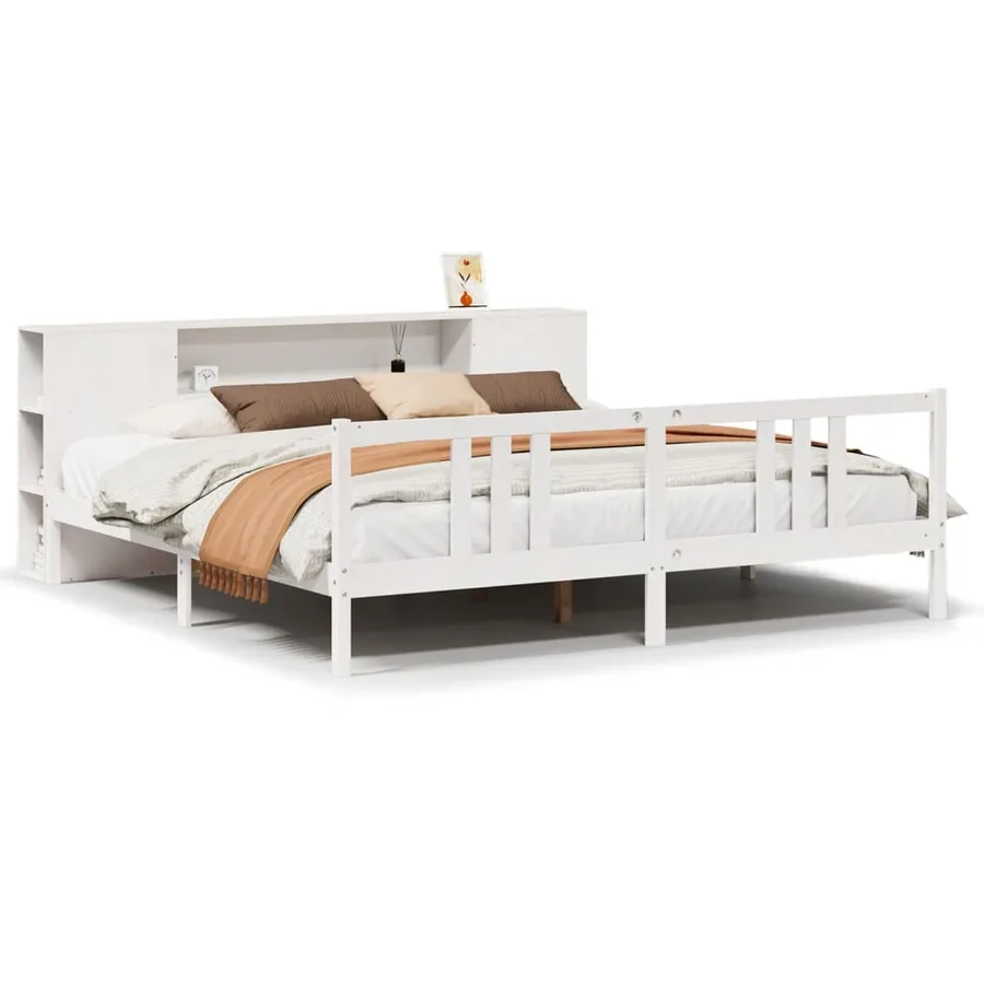 Lit bibliothèque sans matelas blanc 200x200 cm bois pin massif - 2