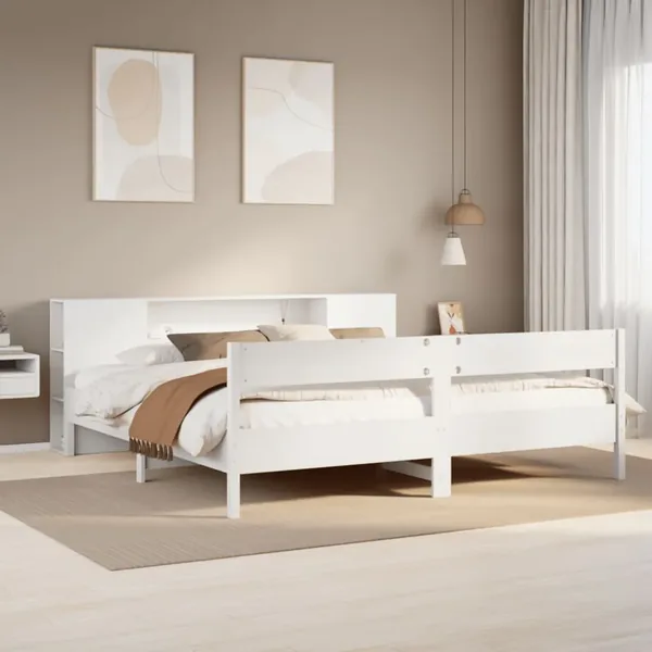 Lit bibliothèque sans matelas blanc 200x200 cm bois pin massif