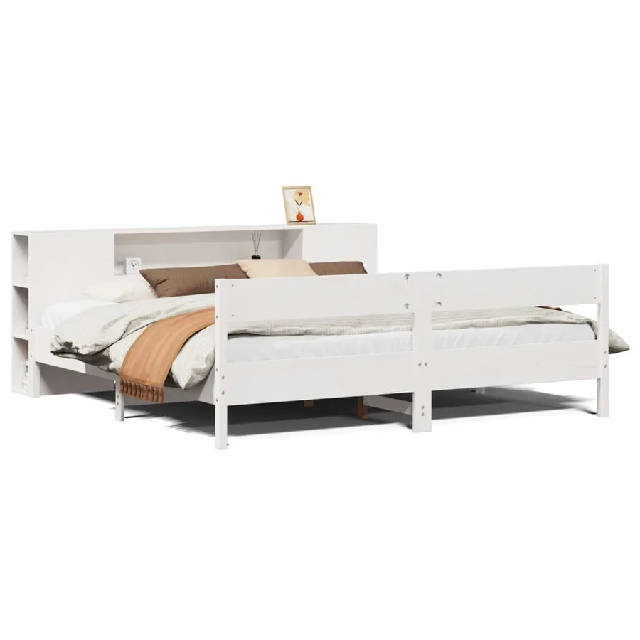 Lit bibliothèque sans matelas blanc 200x200 cm bois pin massif - 2