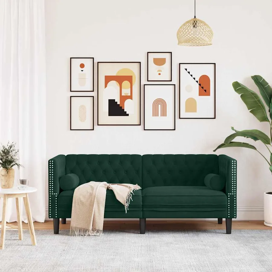 Canapé Chesterfield avec traversins 2 places vert foncé velours - 3