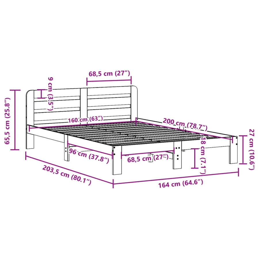 Cadre de lit sans matelas blanc 160x200 cm bois de pin massif - 9