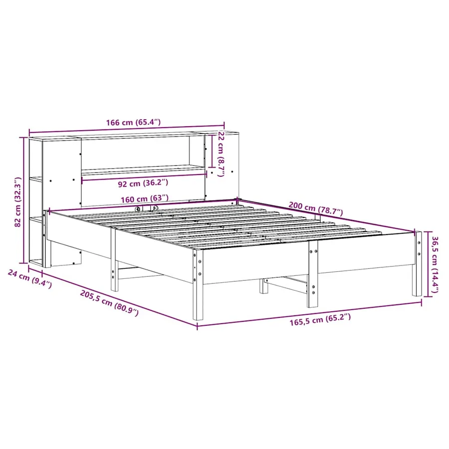 Lit bibliothèque sans matelas blanc 160x200 cm bois pin massif - 11