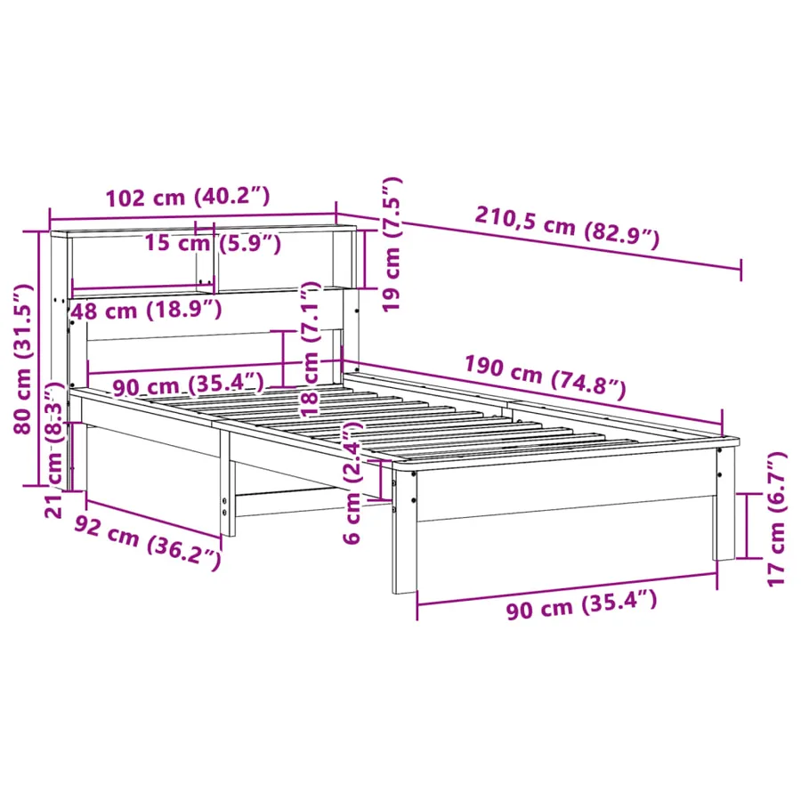 Lit bibliothèque sans matelas cire marron 90x190 cm pin massif - 9