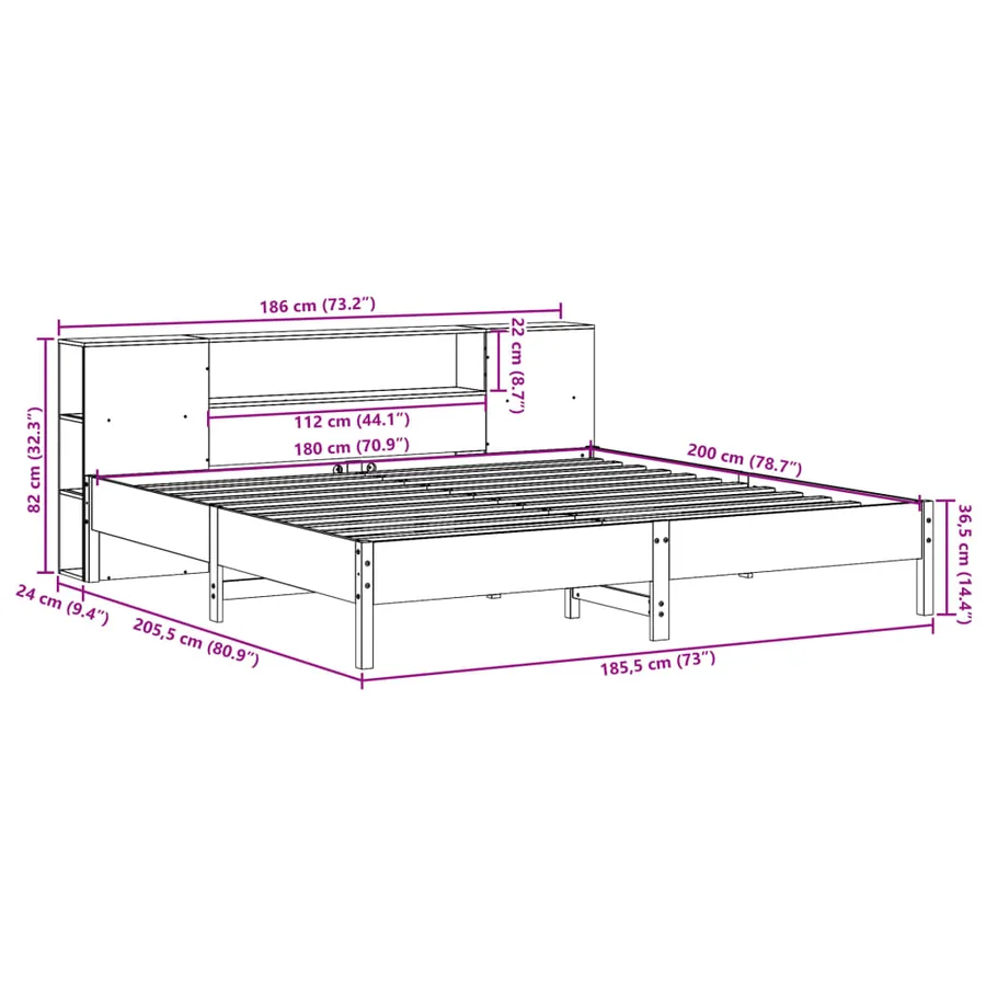 Lit bibliothèque sans matelas cire marron 180x200 cm pin massif - 11