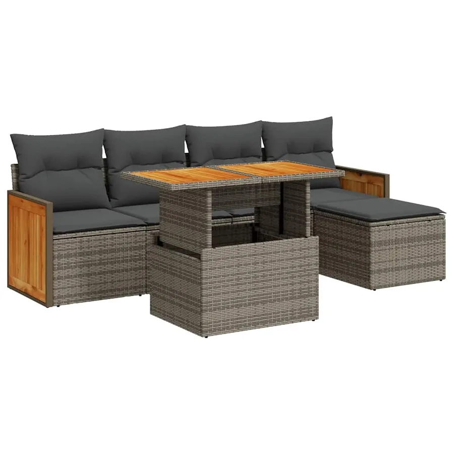 Salon de jardin avec coussins 6 pcs gris résine tressée acacia - 2