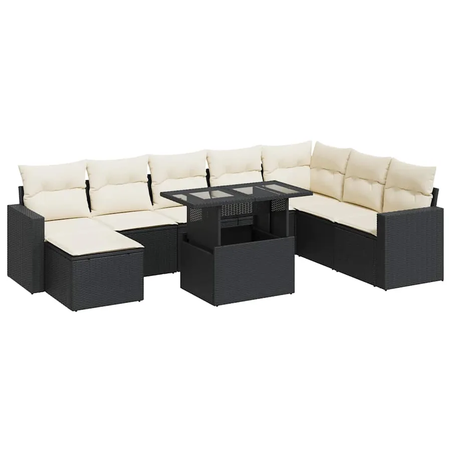 Salon de jardin 9 pcs avec coussins noir résine tressée - 2