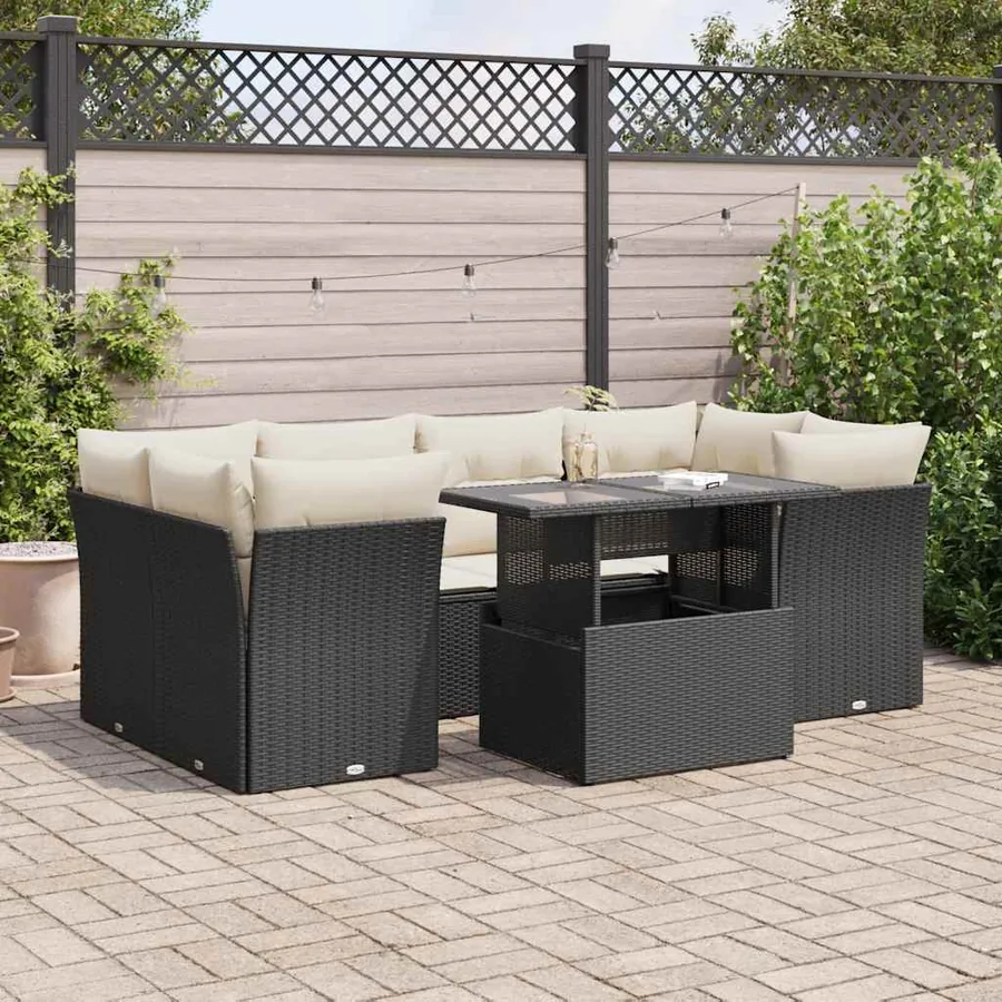 Salon de jardin 7 pcs avec coussins noir résine tressée 55 x 62 x 69 cm - 71,2 kg