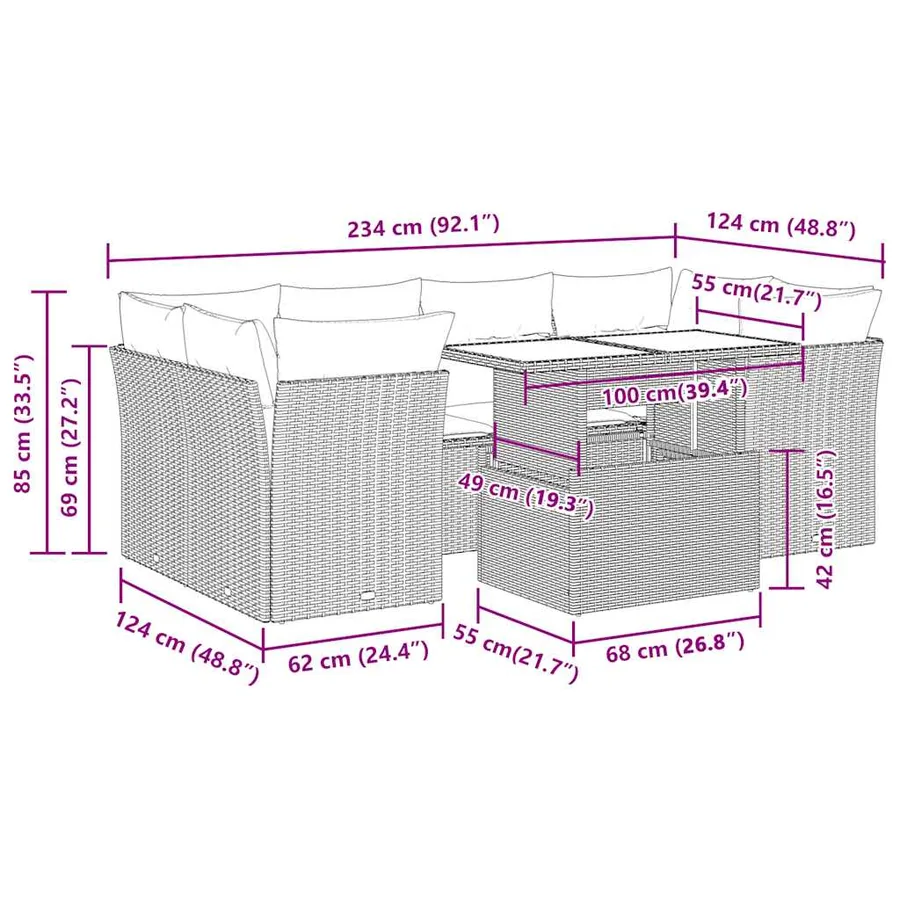 Salon de jardin 7 pcs avec coussins noir résine tressée 55 x 62 x 69 cm - 71,2 kg - 12
