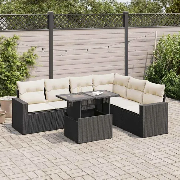Salon de jardin 7 pcs avec coussins noir résine tressée 55 x 62 x 69 cm - 67,6 kg