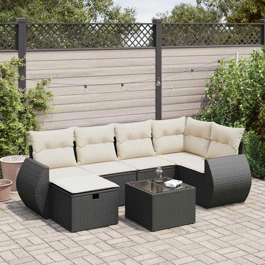 Salon de jardin 7 pcs avec coussins noir résine tressée 71 x 62 x 69 cm - 60,4 kg