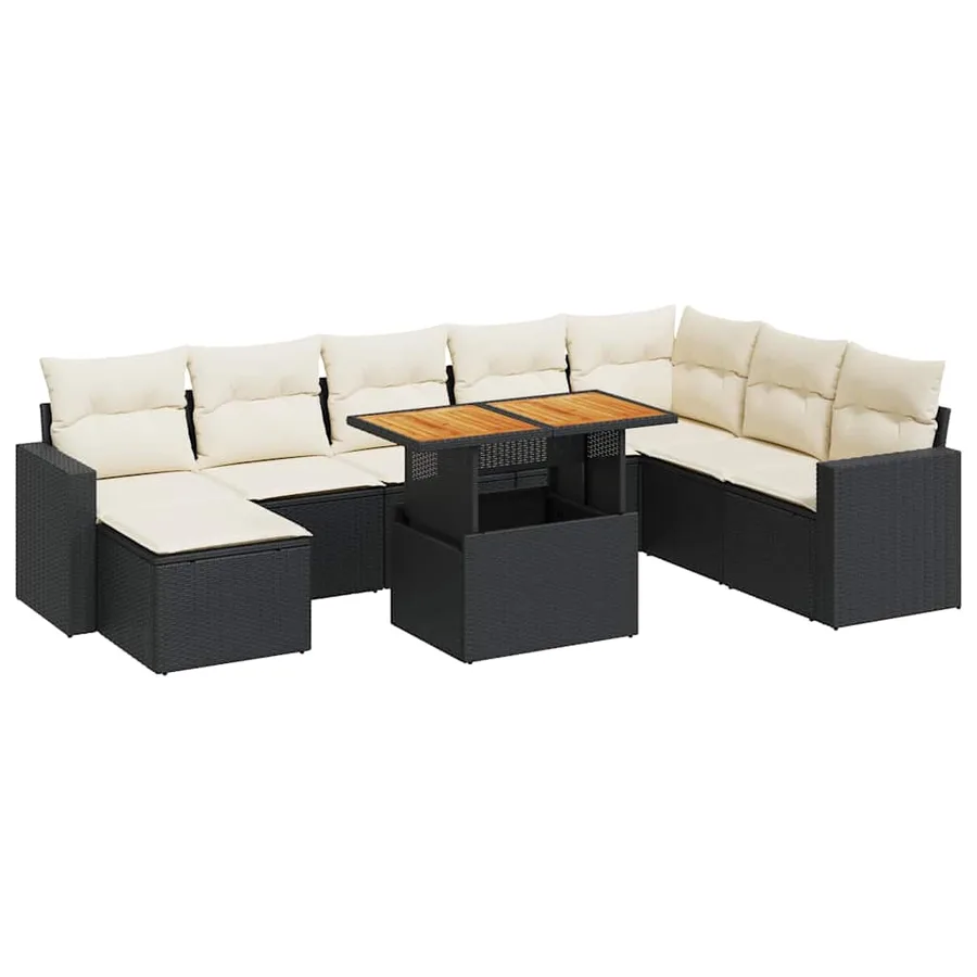Salon de jardin 9 pcs avec coussins noir résine tressée - 2
