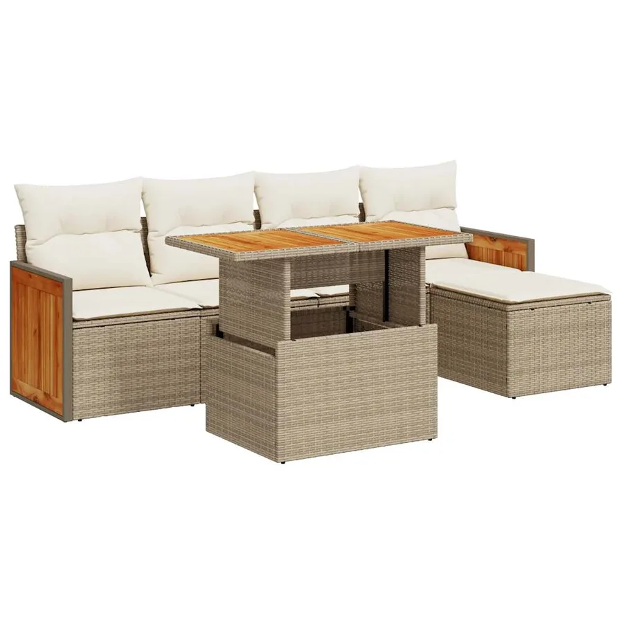 Salon de jardin 6 pcs avec coussins beige résine tressée acacia - 2