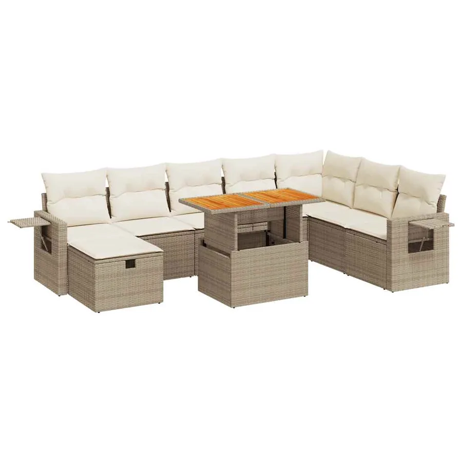 Salon de jardin avec coussins 9 pcs beige résine tressée acacia - 2