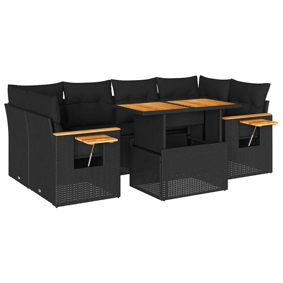 Salon de jardin avec coussins 7 pcs noir résine tressée acacia - 2