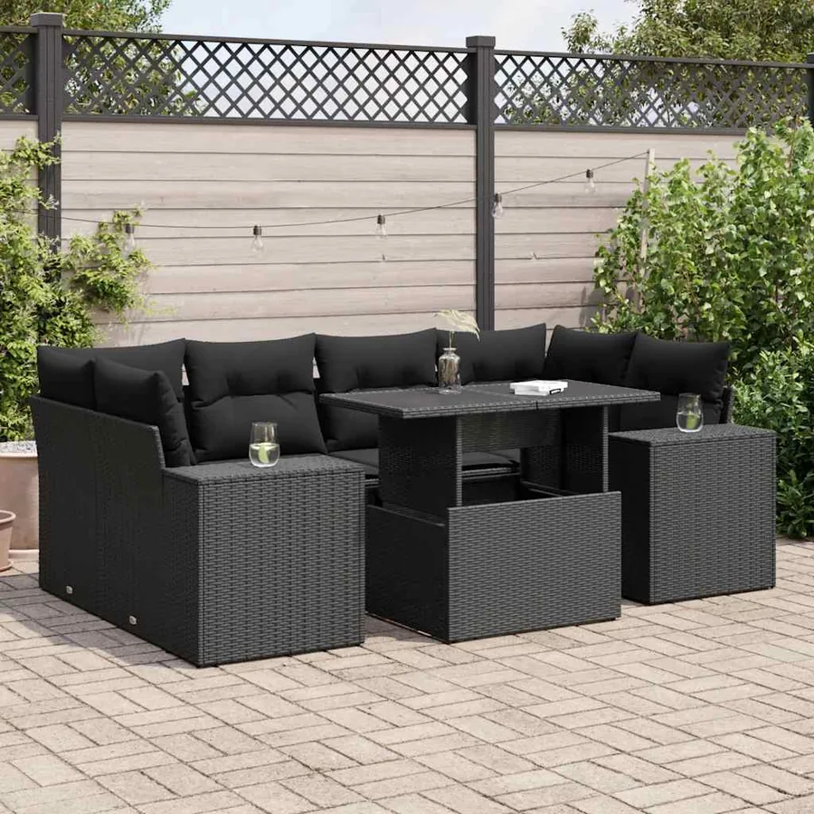 Salon de jardin 7 pcs avec coussins noir résine tressée 62 x 62 x 69 cm - 73,4 kg