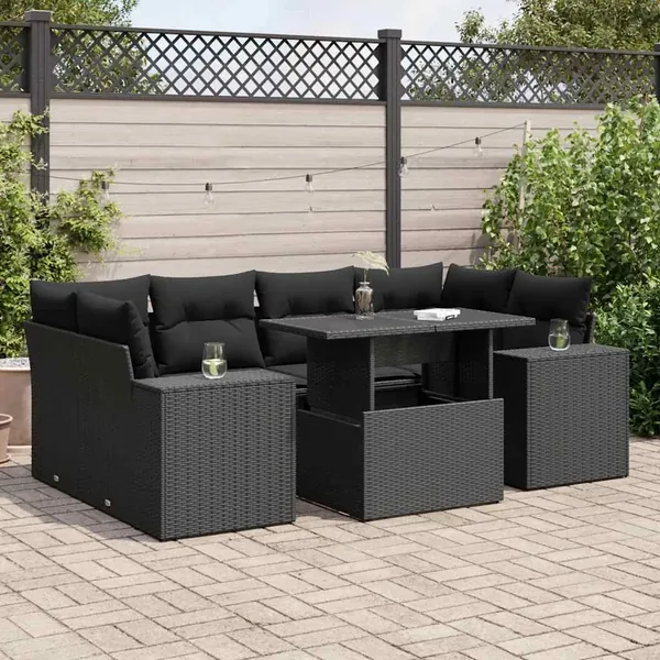 Salon de jardin 7 pcs avec coussins noir résine tressée 62 x 62 x 69 cm - 73,4 kg