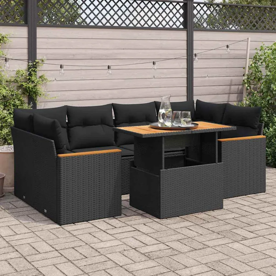 Salon de jardin 6 pcs avec coussins noir résine tressée acacia