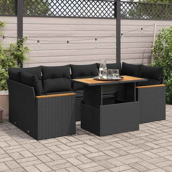Salon de jardin 6 pcs avec coussins noir résine tressée acacia