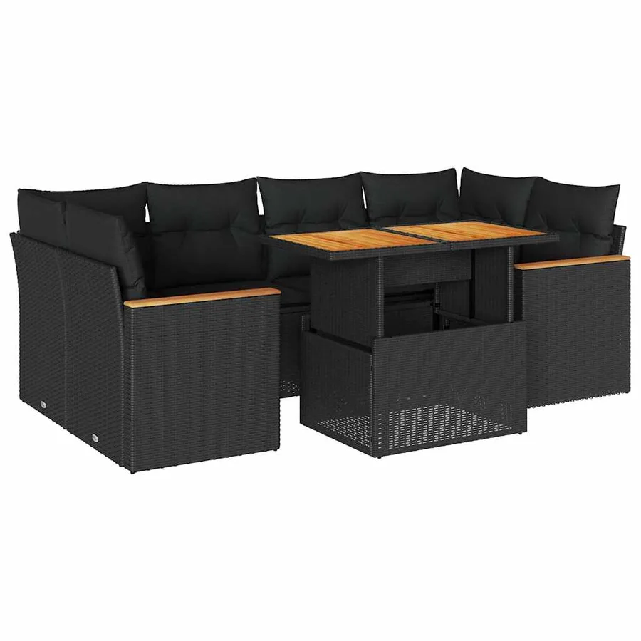 Salon de jardin 6 pcs avec coussins noir résine tressée acacia - 2
