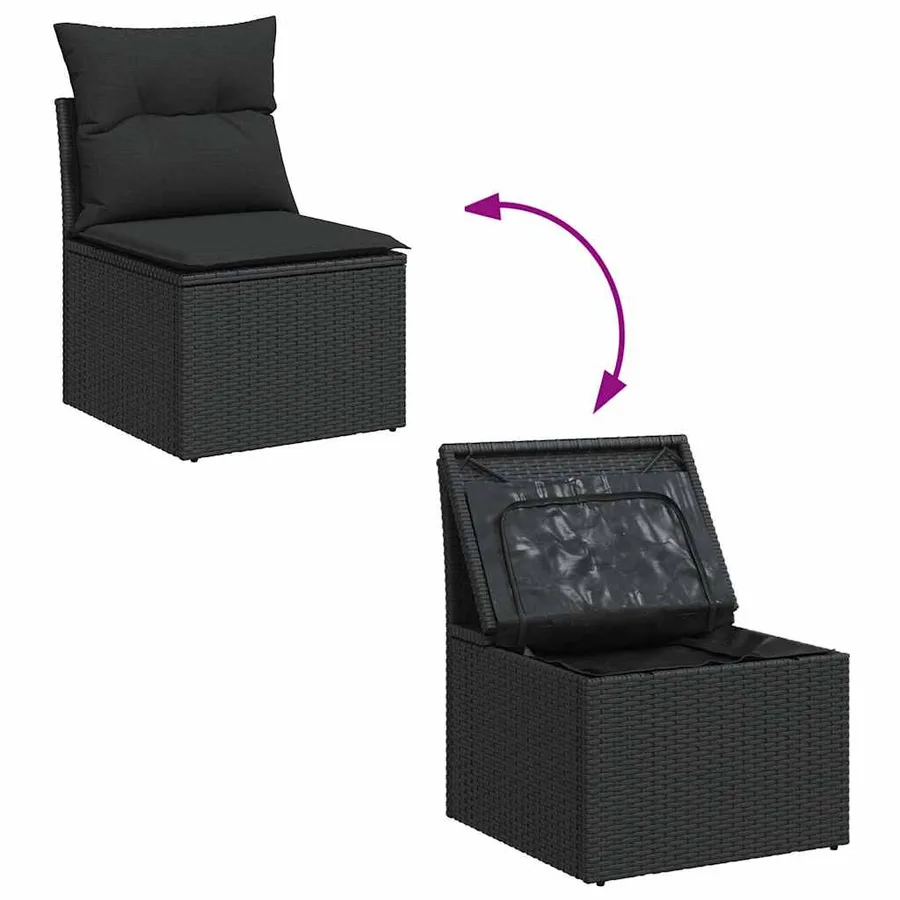 Salon de jardin 6 pcs avec coussins noir résine tressée acacia - 9