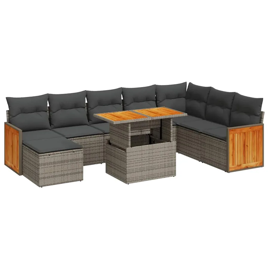 Salon de jardin avec coussins 9 pcs gris résine tressée acacia - 2