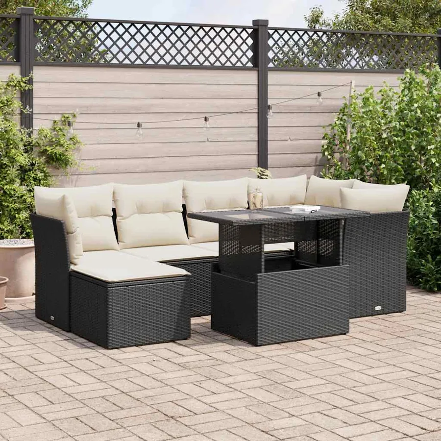 Salon de jardin 7 pcs avec coussins noir résine tressée 55 x 62 x 69 cm - 68,5 kg