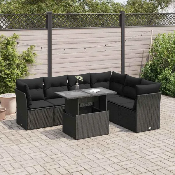 Salon de jardin 7 pcs avec coussins noir résine tressée 55 x 62 x 69 cm - 69,0 kg