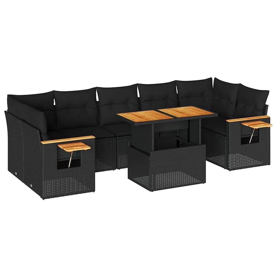 Salon de jardin avec coussins 8 pcs noir résine tressée acacia - 2