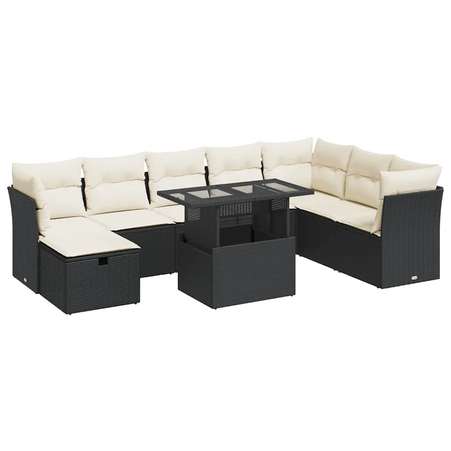 Salon de jardin 9 pcs avec coussins noir résine tressée - 2