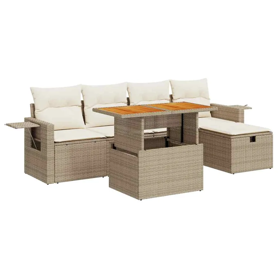 Salon de jardin 6 pcs avec coussins beige résine tressée acacia - 2