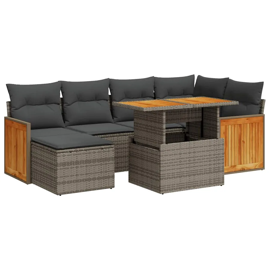 Salon de jardin avec coussins 7 pcs gris résine tressée acacia - 2