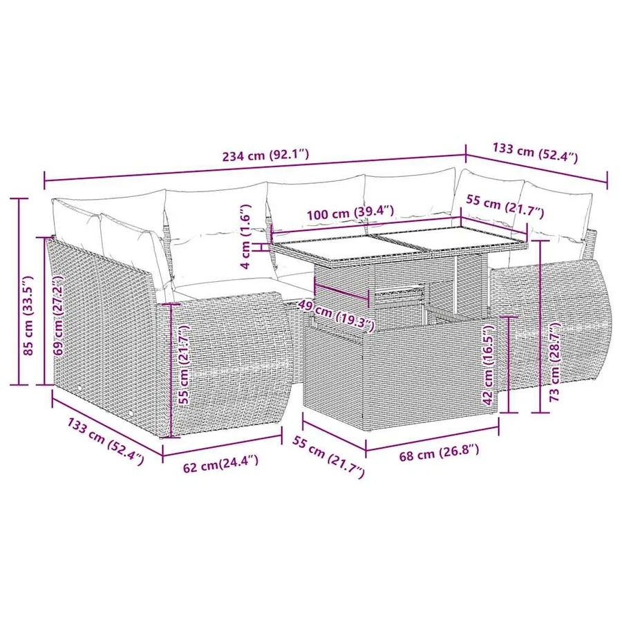 Salon de jardin 7 pcs avec coussins noir résine tressée 55 x 62 x 69 cm - 70,7 kg - 14
