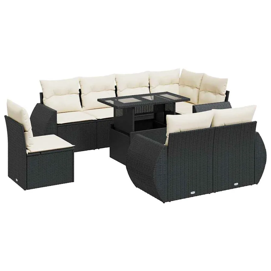 Salon de jardin 9 pcs avec coussins noir résine tressée - 2