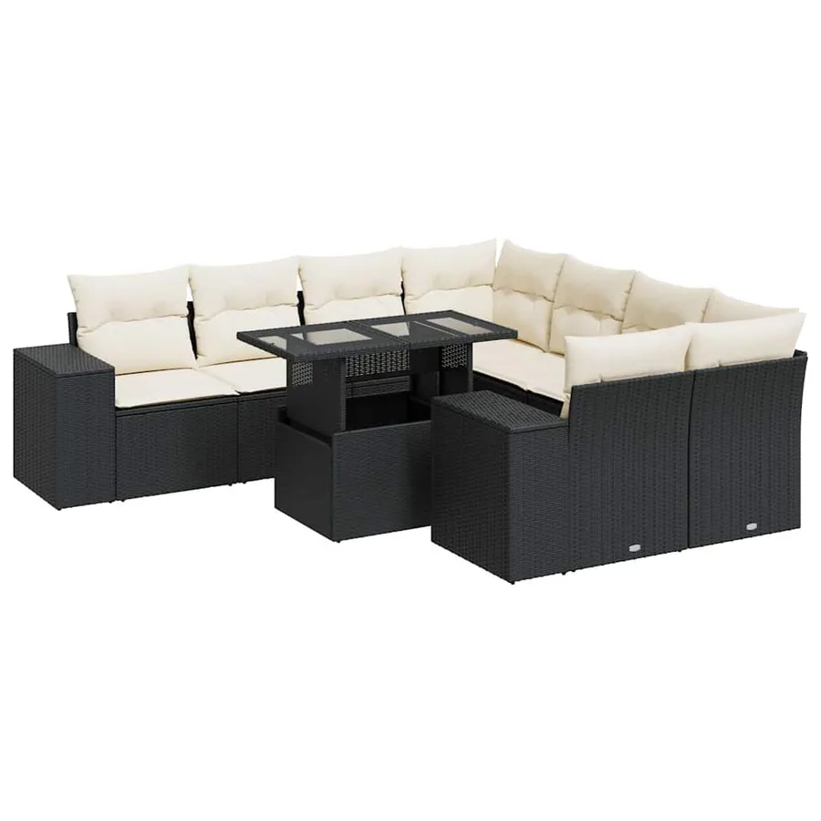 Salon de jardin 9 pcs avec coussins noir résine tressée - 2