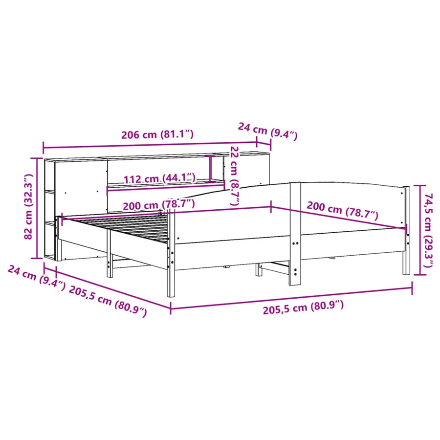 Lit bibliothèque sans matelas cire marron 200x200 cm pin massif - 12