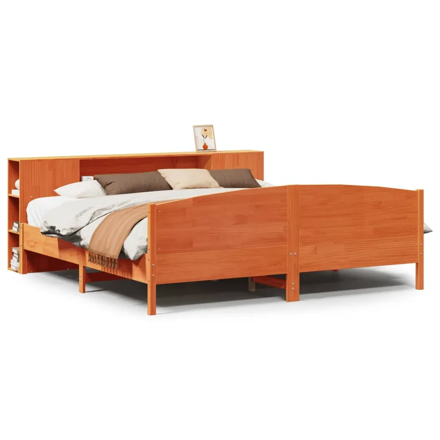 Lit bibliothèque sans matelas cire marron 200x200 cm pin massif - 2