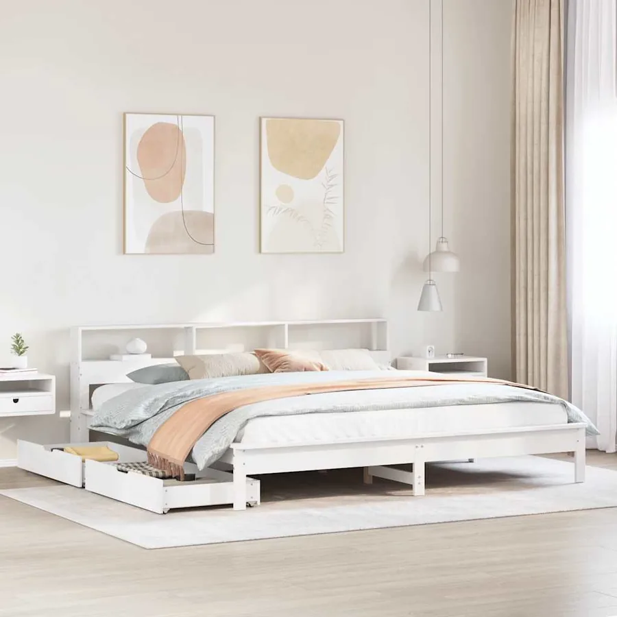Lit bibliothèque sans matelas blanc 200x200 cm bois pin massif