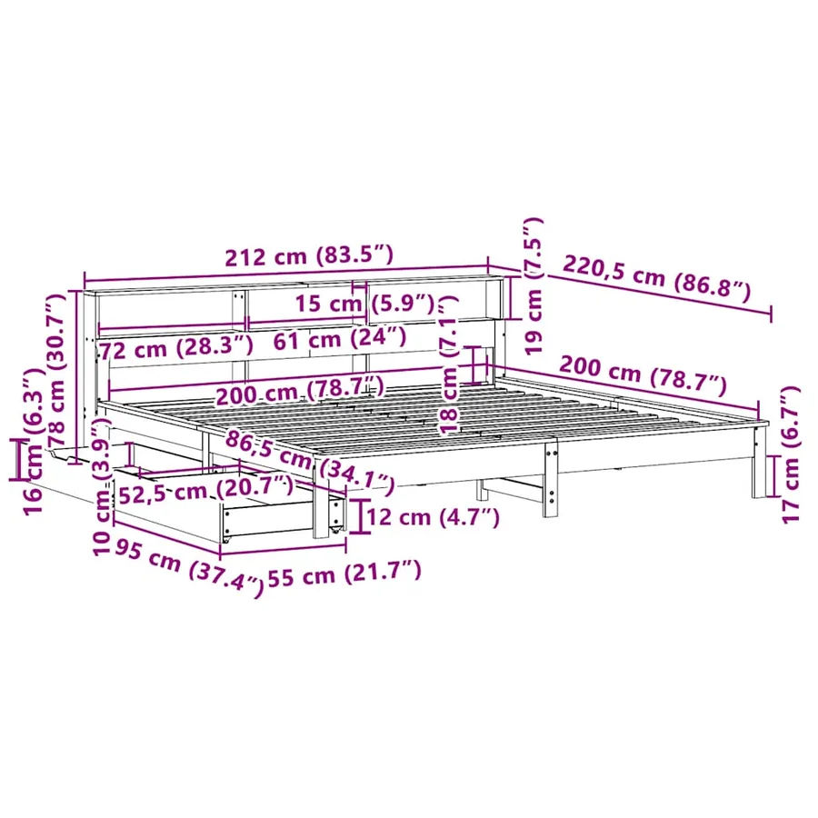 Lit bibliothèque sans matelas blanc 200x200 cm bois pin massif - 12