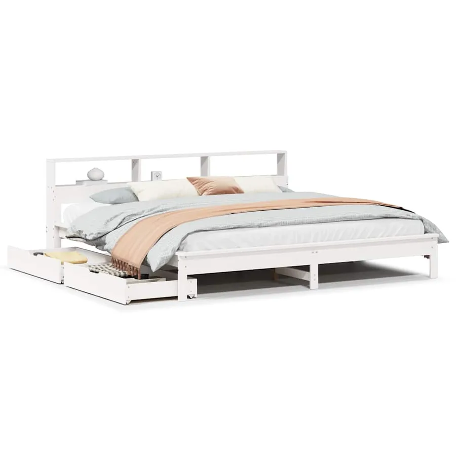 Lit bibliothèque sans matelas blanc 200x200 cm bois pin massif - 2